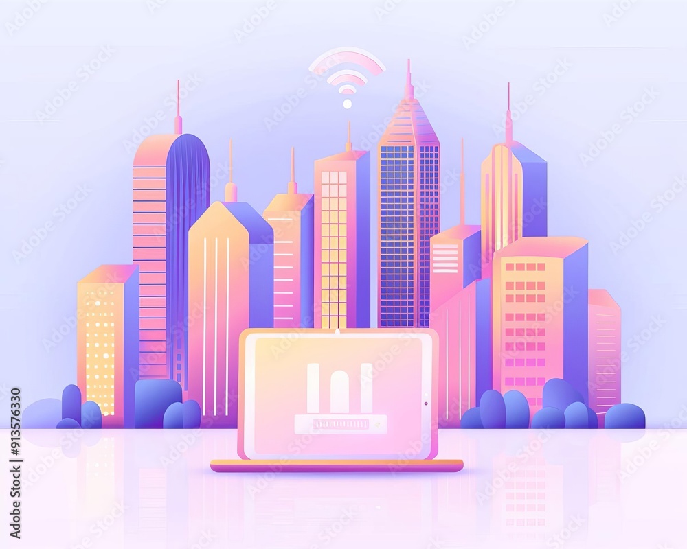 Fototapeta premium Urban landscape with seamless wireless connectivity, Infrastructure, smart city technology