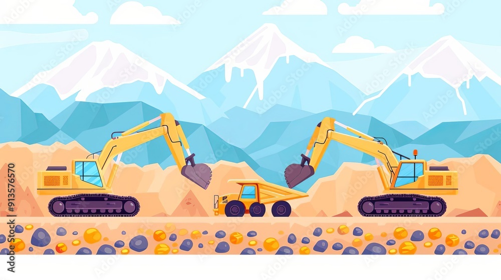 Fototapeta premium Automated mining operations, hightech machinery, flat design illustration