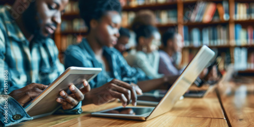 A group of students sitting in a library and using technology like tablets and laptops to study.