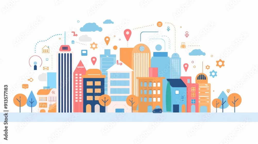 Urban infrastructure, connected devices, flat design illustration Urban infrastructure, connected devices, flat design illustration