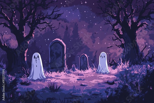 Two Ghosts Standing in a Graveyard at Night photo