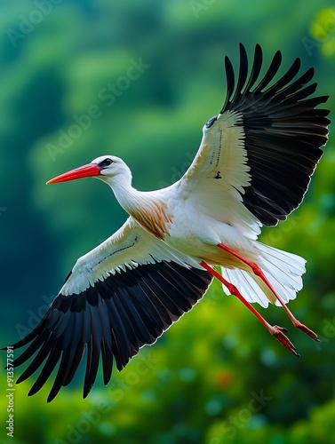 A white stork flying through the air with its wings spread