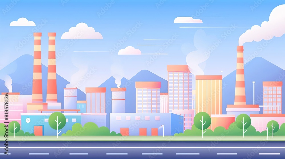 City factories, efficient manufacturing systems, flat design illustration