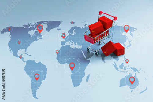 Canvas Print Packing and Shipping Boxes with the National flags of China on shopping carts with pin markings on the world map idea for expanding Chinese e-commerce's Rapid global growth