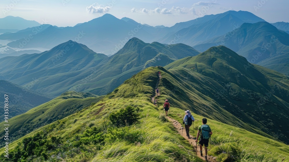 Beautiful mountain scenery with hikers hiking along clearly marked trails. Beautiful mountain scenery with hikers hiking along clearly marked trails.