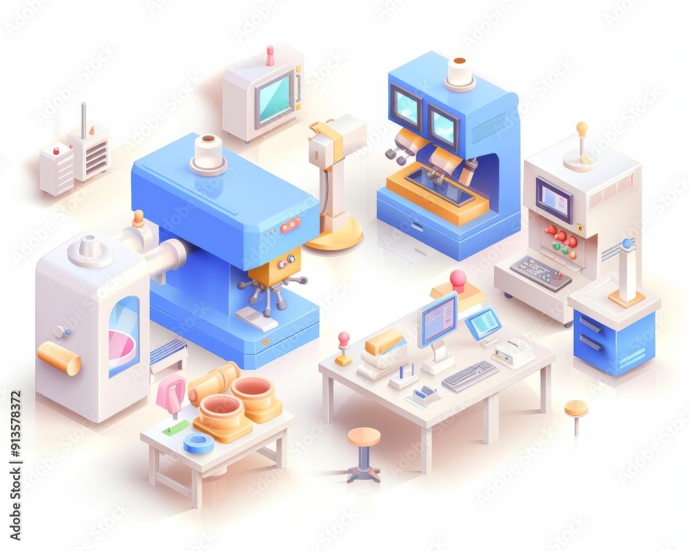 Factory floor with machinery, overhead view, isometric illustration, primary colors, isolated on white background Factory floor with machinery, overhead view, isometric illustration, primary colors, isolated on white background