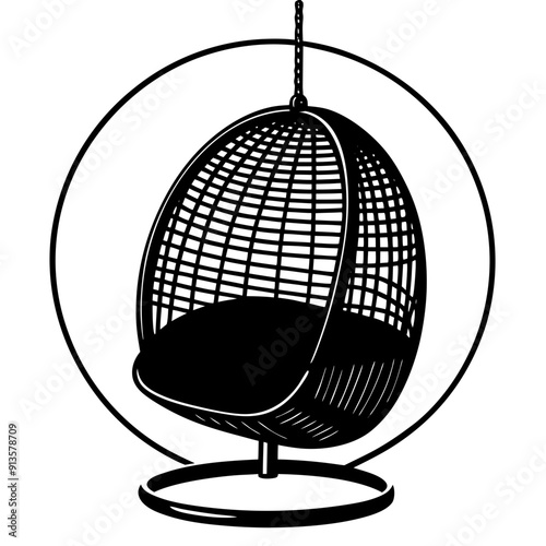 A hanging wicker chair with a red cushion art vector illustration
