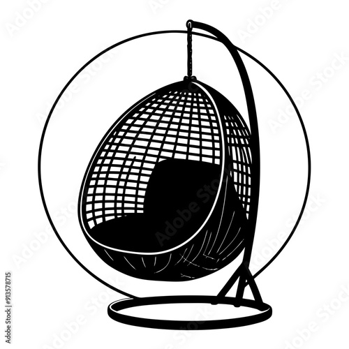 A hanging wicker chair with a red cushion art vector illustration