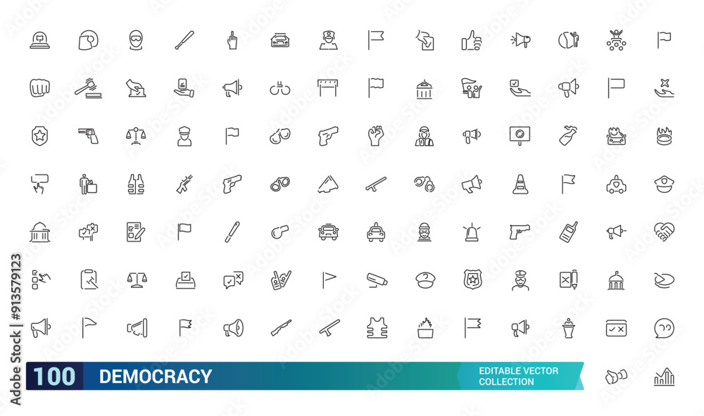 Democracy icon set. Collection and pack of linear web and ui icons. Editable stroke. Vector illustration.
