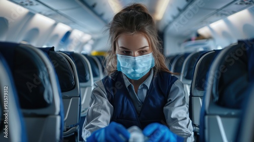 Travelers are disinfecting their seats and surroundings on the plane. photo