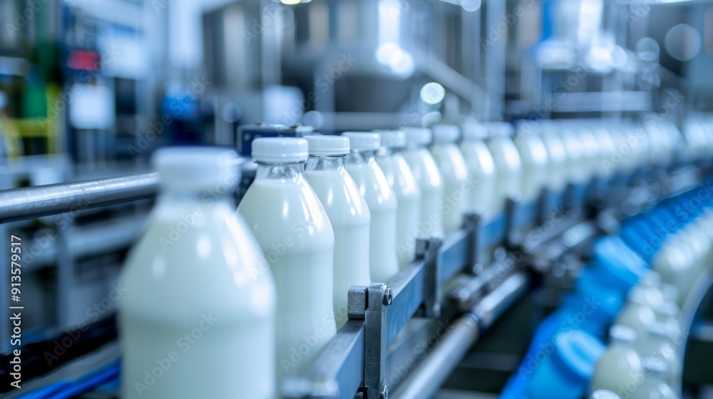 Modern Dairy Production Line with Glass Milk Bottles in a Factory Setting Modern Dairy Production Line with Glass Milk Bottles in a Factory Setting