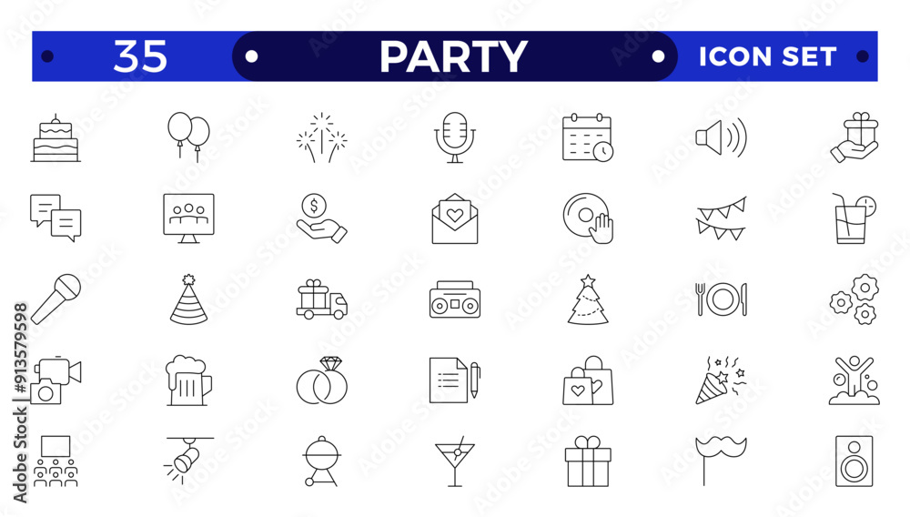 Party line icon set. Included icons as celebrate, celebration, dancing, music, congrats and more.Party, celebration, anniversary elements - thin line web icon set. Outline icons collection. Party line icon set. Included icons as celebrate, celebration, dancing, music, congrats and more.Party, celebration, anniversary elements - thin line web icon set. Outline icons collection.