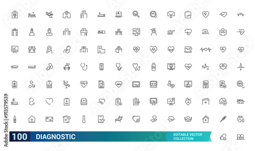 Diagnostics and equipment icon set. Collection and pack of linear web and ui icons. Editable stroke. Vector illustration.