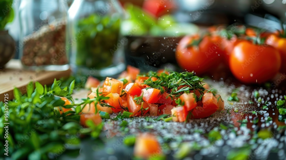 A vibrant kitchen with fresh herbs and vegetables being chopped, shows colorful, healthy food preparation. A vibrant kitchen with fresh herbs and vegetables being chopped, shows colorful, healthy food preparation.