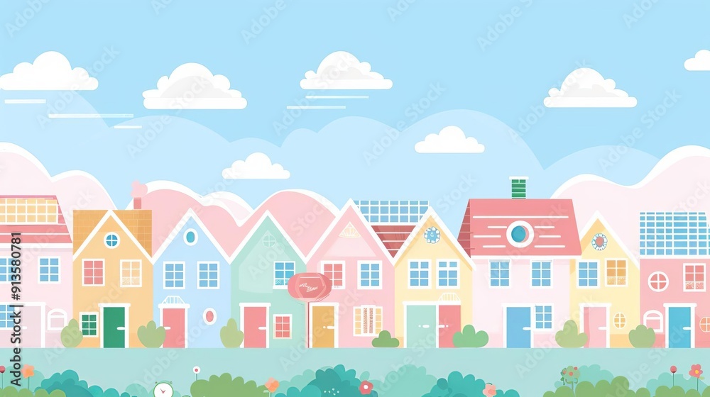 Energyefficient homes, suburban neighborhood with solar panels, flat design illustration Energyefficient homes, suburban neighborhood with solar panels, flat design illustration