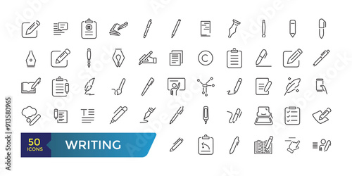 Writing icons set. Collection and pack of linear web and ui icons. Editable stroke. Vector illustration.