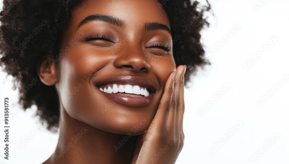 Radiant African Woman Smiling with Perfect White Teeth and Natural Hair on White Background