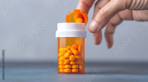 A detailed shot of a hand reaching for an overthecounter capsule medication bottle, emphasizing convenience and care photo