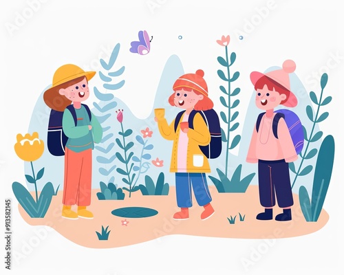 Conservation education, children learning about ecosystems, flat design illustration