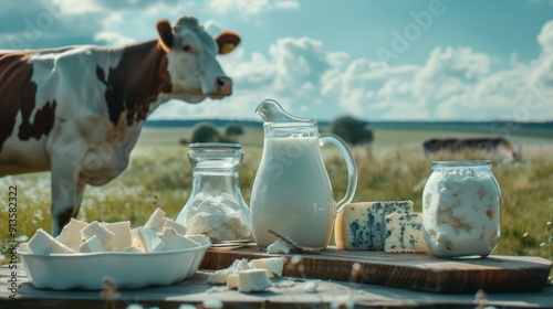 Rustic Farm Dairy Products with Cow in Background: Milk, Cheese, and Fresh Country Produce