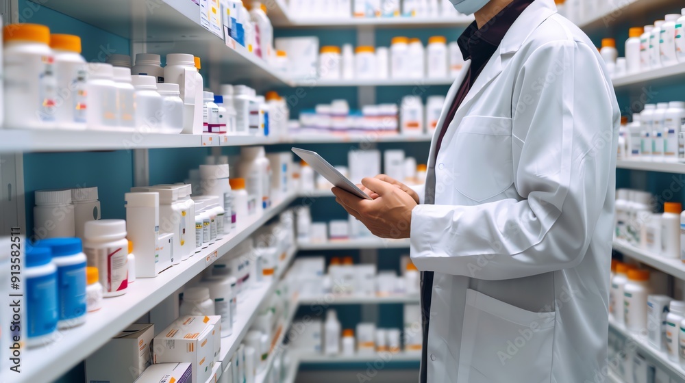 A pharmacist using digital tools to manage tablet refills in a modern dispensary, highlighting techdriven healthcare A pharmacist using digital tools to manage tablet refills in a modern dispensary, highlighting techdriven healthcare