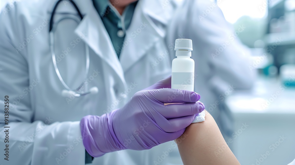 A physician applying branded ointment to a patients arm in a clean, modern clinic setting A physician applying branded ointment to a patients arm in a clean, modern clinic setting