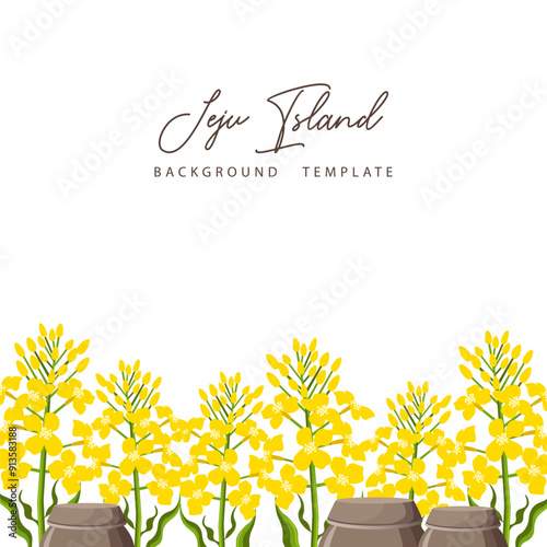 Jeju island background template with canola flowers and onggi (terracotta jar)
