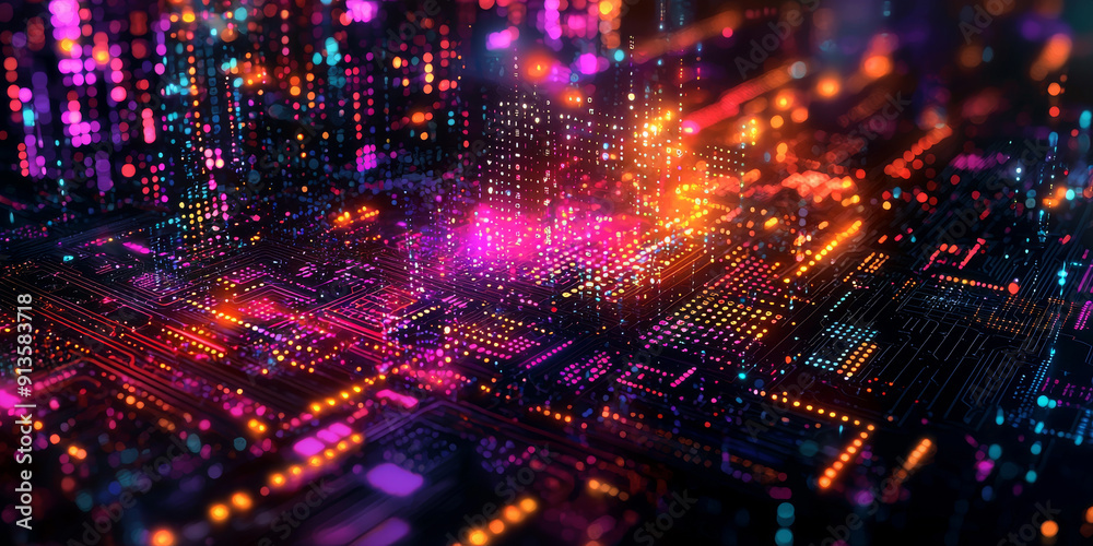 Abstract digital data streams on a dark blue background, conveying the concept of big data and cloud technology