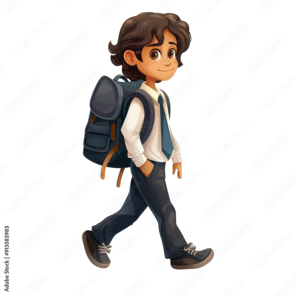 A cheerful boy walking with a backpack, representing adventure and curiosity in a bright, animated style. PNG transparent background. A cheerful boy walking with a backpack, representing adventure and curiosity in a bright, animated style. PNG transparent background.