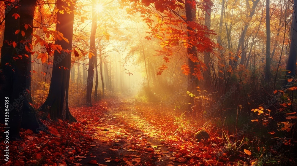 Fototapeta premium A path through a forest is covered in fallen leaves, the sun shines through the trees, creating a misty, golden glow.