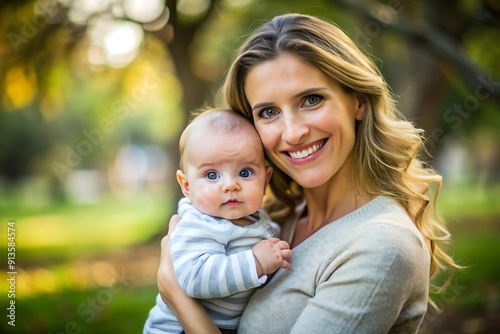 Happy Mother Holding Her Baby in the Park.