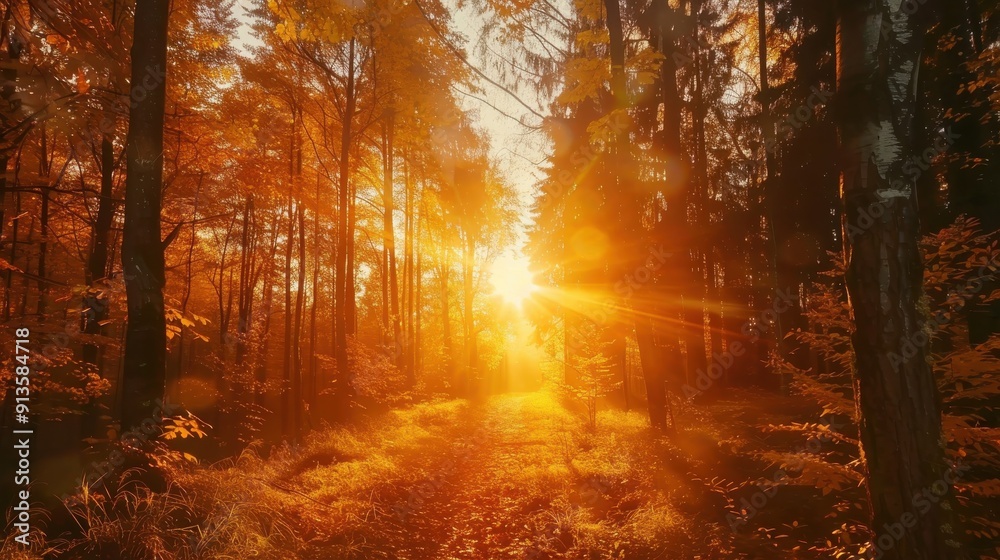 Fototapeta premium Sunlight shines through a path in a forest, illuminating the trees with a golden glow. The leaves are in various shades of orange and brown, creating a beautiful autumnal scene.