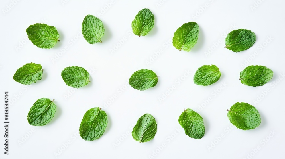 Fresh mint leaves arranged in a circular pattern on a white background, top view. Aromatic and refreshing, ideal for culinary and natural themes. Fresh mint leaves arranged in a circular pattern on a white background, top view. Aromatic and refreshing, ideal for culinary and natural themes.