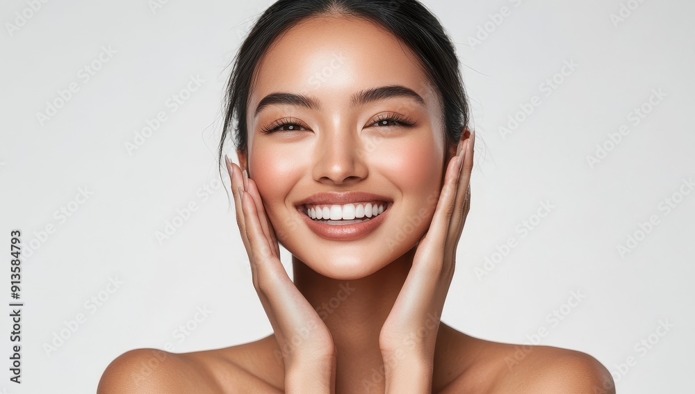 Smiling Woman with Flawless Skin and Natural Makeup on White Background Smiling Woman with Flawless Skin and Natural Makeup on White Background