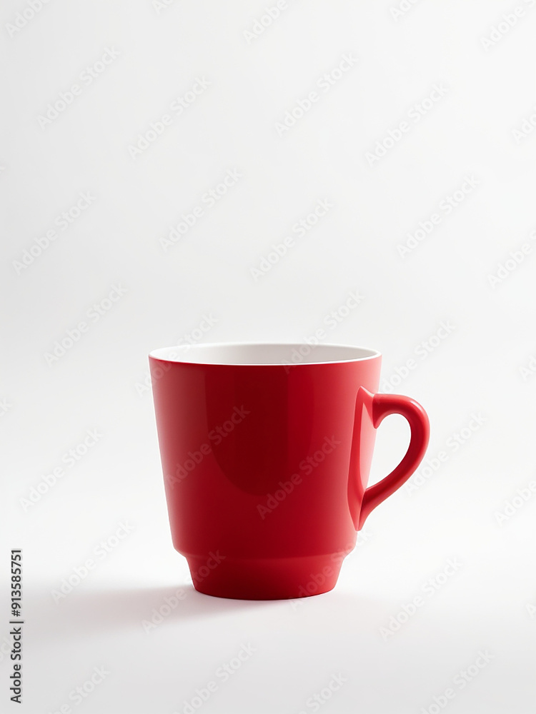 A solitary, vibrant red cup sits centered on a crisp, white background, its bright, fire-engine hue radiating warmth and coziness A solitary, vibrant red cup sits centered on a crisp, white background, its bright, fire-engine hue radiating warmth and coziness