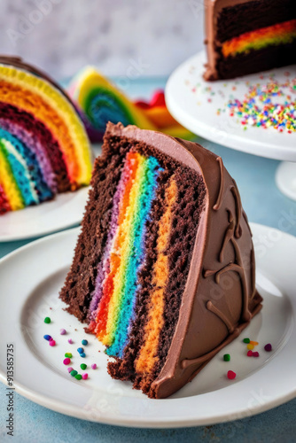 chocolate cake with rainbow-coloured filling, generated by artificial intelligence