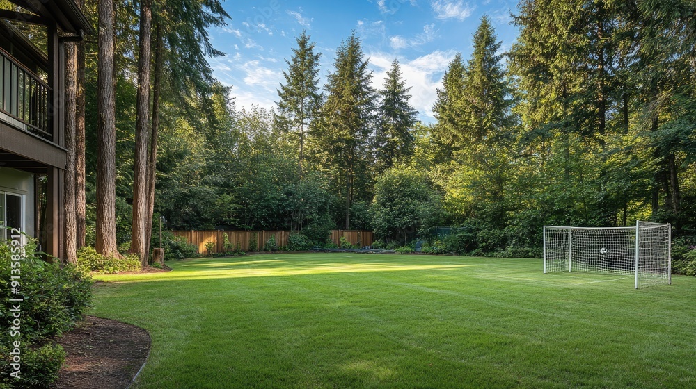 Obraz premium Spacious backyard with a soccer goal, open lawn, and tall trees. Ideal for sports enthusiasts and outdoor games.