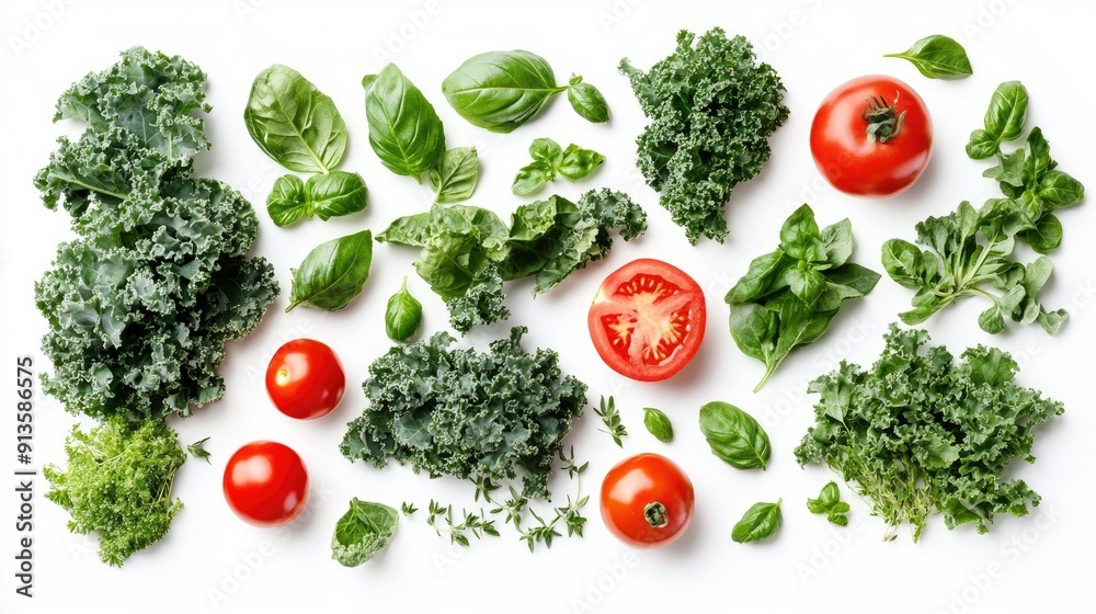 Top view of assorted fresh vegetables and herbs like kale, tomatoes, and basil, isolated on white. Perfect for healthy cooking. Top view of assorted fresh vegetables and herbs like kale, tomatoes, and basil, isolated on white. Perfect for healthy cooking.