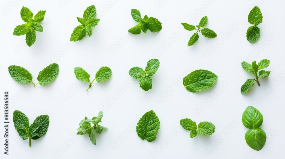 Top view of assorted fresh mint leaves on a white background. Perfect for herbal, culinary, and refreshing natural concepts.80 Top view of assorted fresh mint leaves on a white background. Perfect for herbal, culinary, and refreshing natural concepts.80