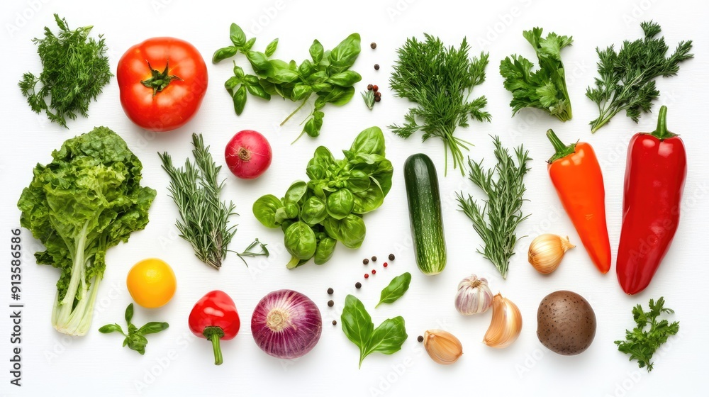 Top view of assorted fresh vegetables and herbs on a white background, vibrant and colorful. Perfect for healthy cooking concepts. Top view of assorted fresh vegetables and herbs on a white background, vibrant and colorful. Perfect for healthy cooking concepts.