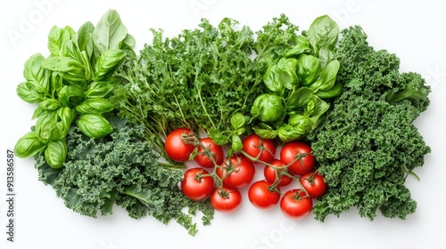 Top view of assorted fresh vegetables and herbs like kale, tomatoes, and basil, isolated on white. Perfect for healthy cooking.