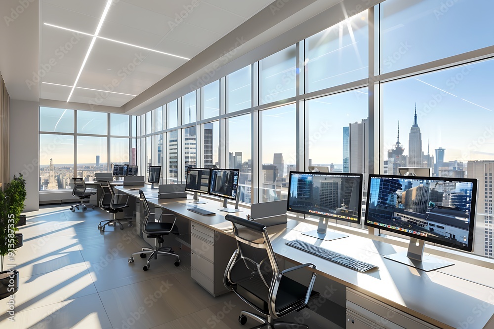 A high-tech business center with sleek workstations, advanced monitors, and a minimalist design. The space is bright with natural light from large windows overlooking the city. A high-tech business center with sleek workstations, advanced monitors, and a minimalist design. The space is bright with natural light from large windows overlooking the city.