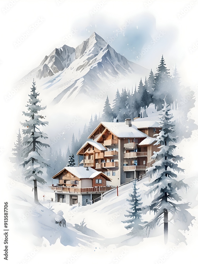 Naklejka premium Watercolor Ski Resort Landscape Art