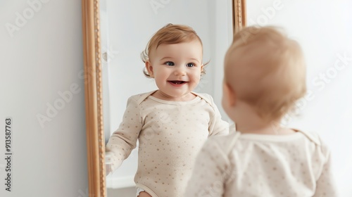 Baby smiling at a mirror, curious expression, flat design illustration photo