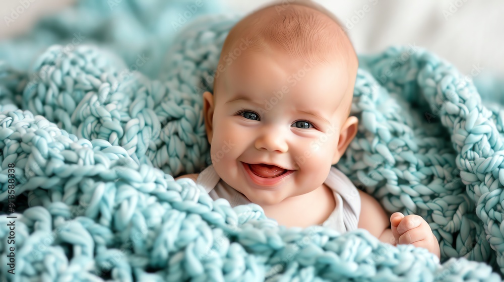 Smiling baby, cuddling with a blanket, flat design illustration Smiling baby, cuddling with a blanket, flat design illustration