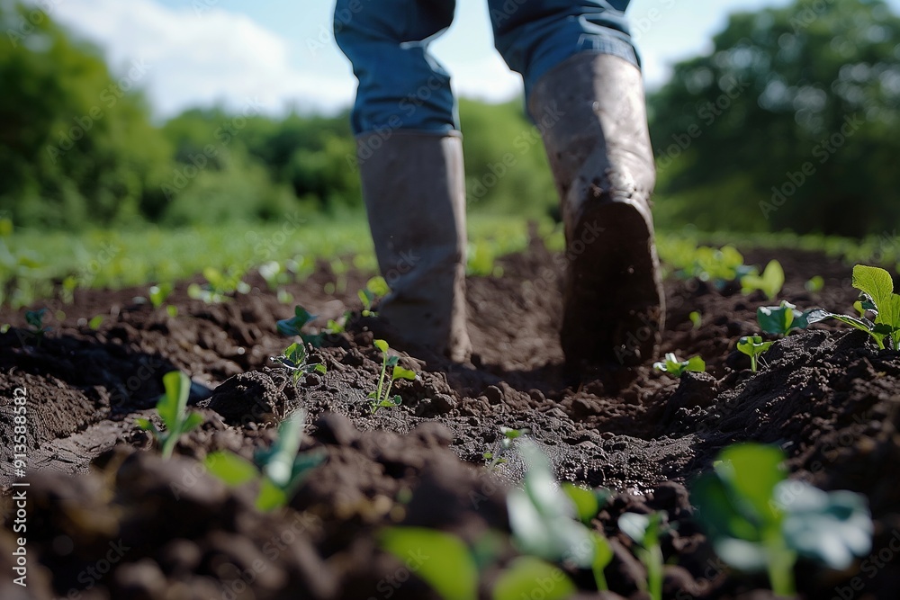 Low angle view of a farmer walking through a field of young plants with muddy boots. Low angle view of a farmer walking through a field of young plants with muddy boots.