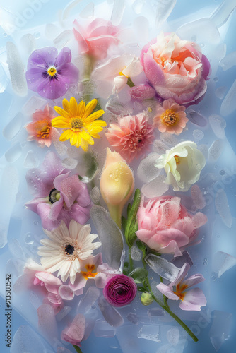 Minimalist floral arrangement being frozen in ice with a blue background