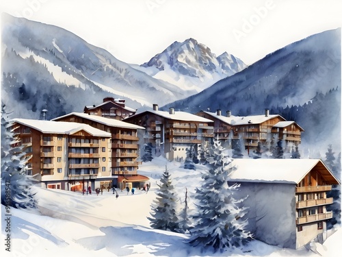 Watercolor Ski Resort Landscape Art