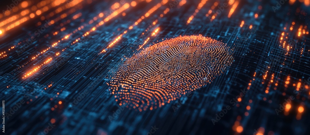 Fingerprint scan with data processing and light trails on a black background Concept of global technology communication computing and digital interfaces in a digitally generated visualization Fingerprint scan with data processing and light trails on a black background Concept of global technology communication computing and digital interfaces in a digitally generated visualization
