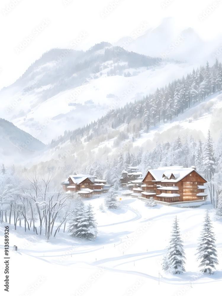 Fototapeta premium Watercolor Ski Resort Landscape Art